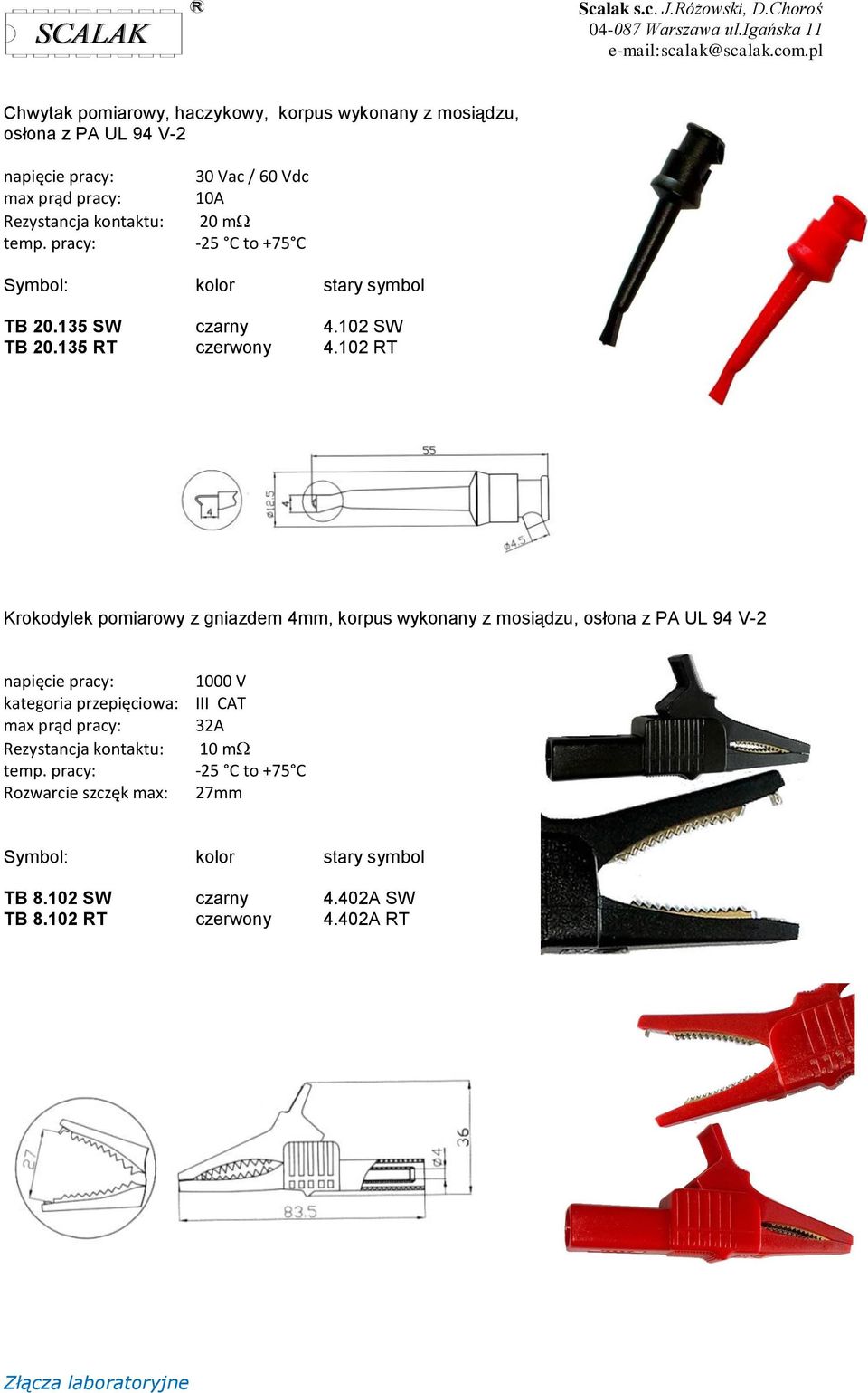 102 RT Krokodylek pomiarowy z gniazdem 4mm, korpus wykonany z mosiądzu, osłona z PA UL 94 V-2 napięcie pracy: kategoria