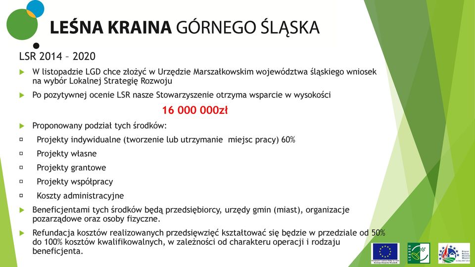 Projekty grantowe Projekty współpracy Koszty administracyjne Beneficjentami tych środków będą przedsiębiorcy, urzędy gmin (miast), organizacje pozarządowe oraz osoby fizyczne.