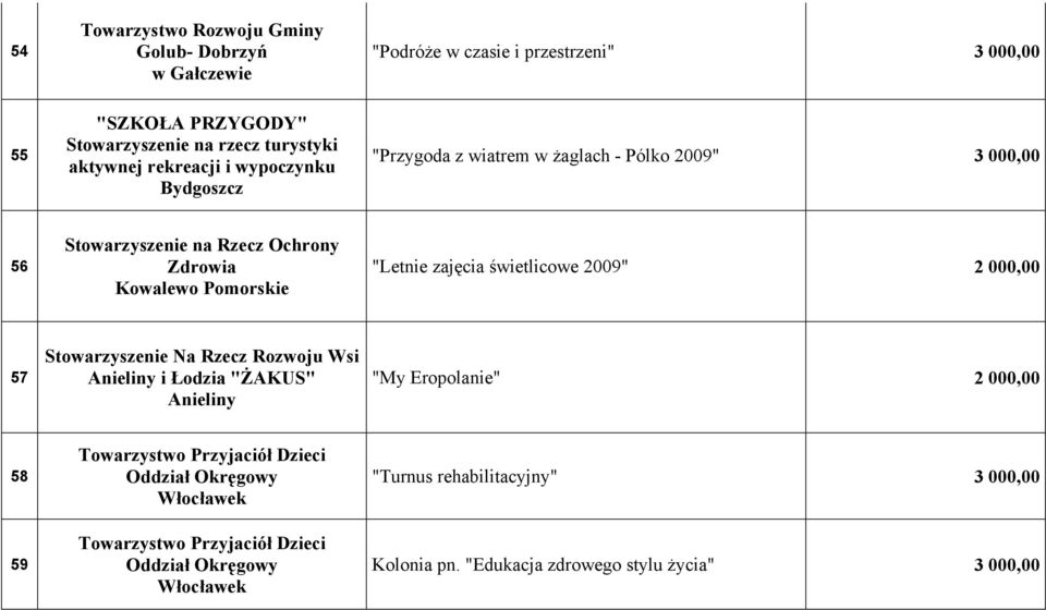 "Letnie zajęcia świetlicowe 2009" 2 000,00 57 Stowarzyszenie Na Rzecz Rozwoju Wsi Anieliny i Łodzia "ŻAKUS" Anieliny "My Eropolanie" 2 000,00 58 59 Towarzystwo