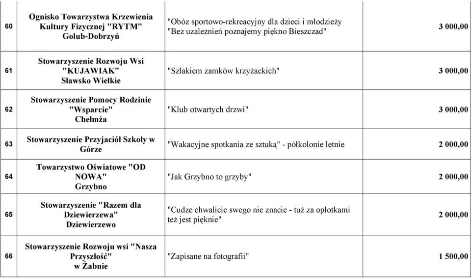 "Szlakiem zamków krzyżackich" 3 000,00 "Klub otwartych drzwi" 3 000,00 "Wakacyjne spotkania ze sztuką" - półkolonie letnie 2 000,00 "Jak Grzybno to grzyby" 2 000,00 65 Stowarzyszenie "Razem