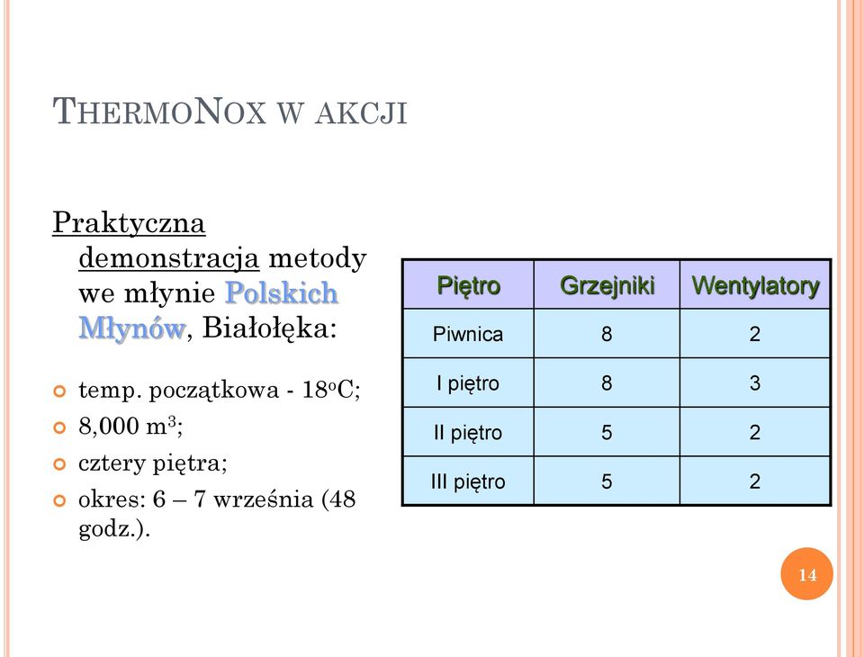 początkowa - 18 o C; 8,000 m 3 ; cztery piętra; okres: 6 7