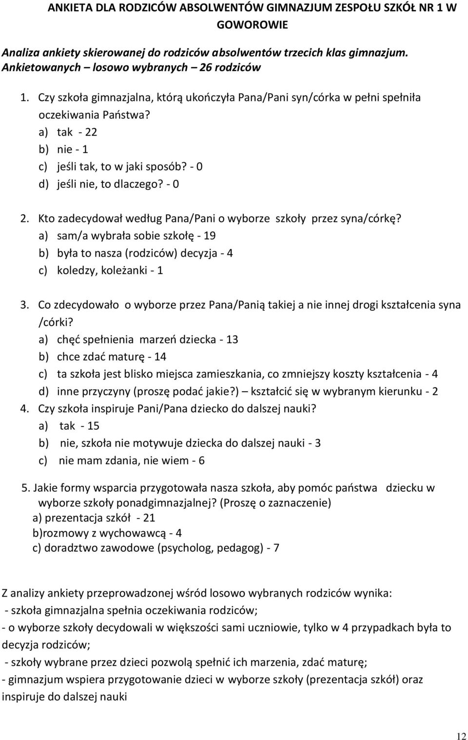 Kto zadecydował według Pana/Pani o wyborze szkoły przez syna/córkę? a) sam/a wybrała sobie szkołę - 19 b) była to nasza (rodziców) decyzja - 4 c) koledzy, koleżanki - 1 3.