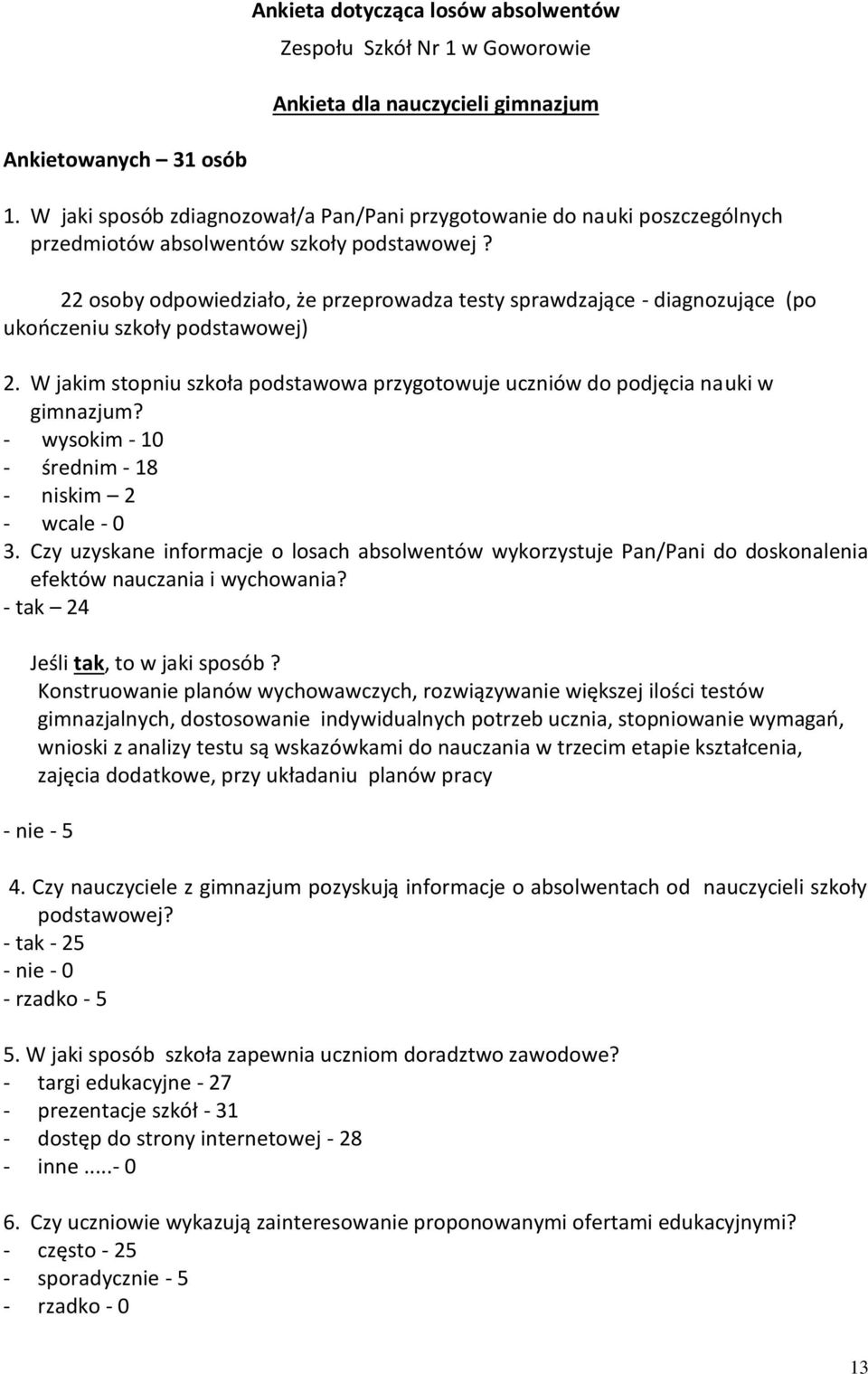 22 osoby odpowiedziało, że przeprowadza testy sprawdzające - diagnozujące (po ukończeniu szkoły podstawowej) 2. W jakim stopniu szkoła podstawowa przygotowuje uczniów do podjęcia nauki w gimnazjum?