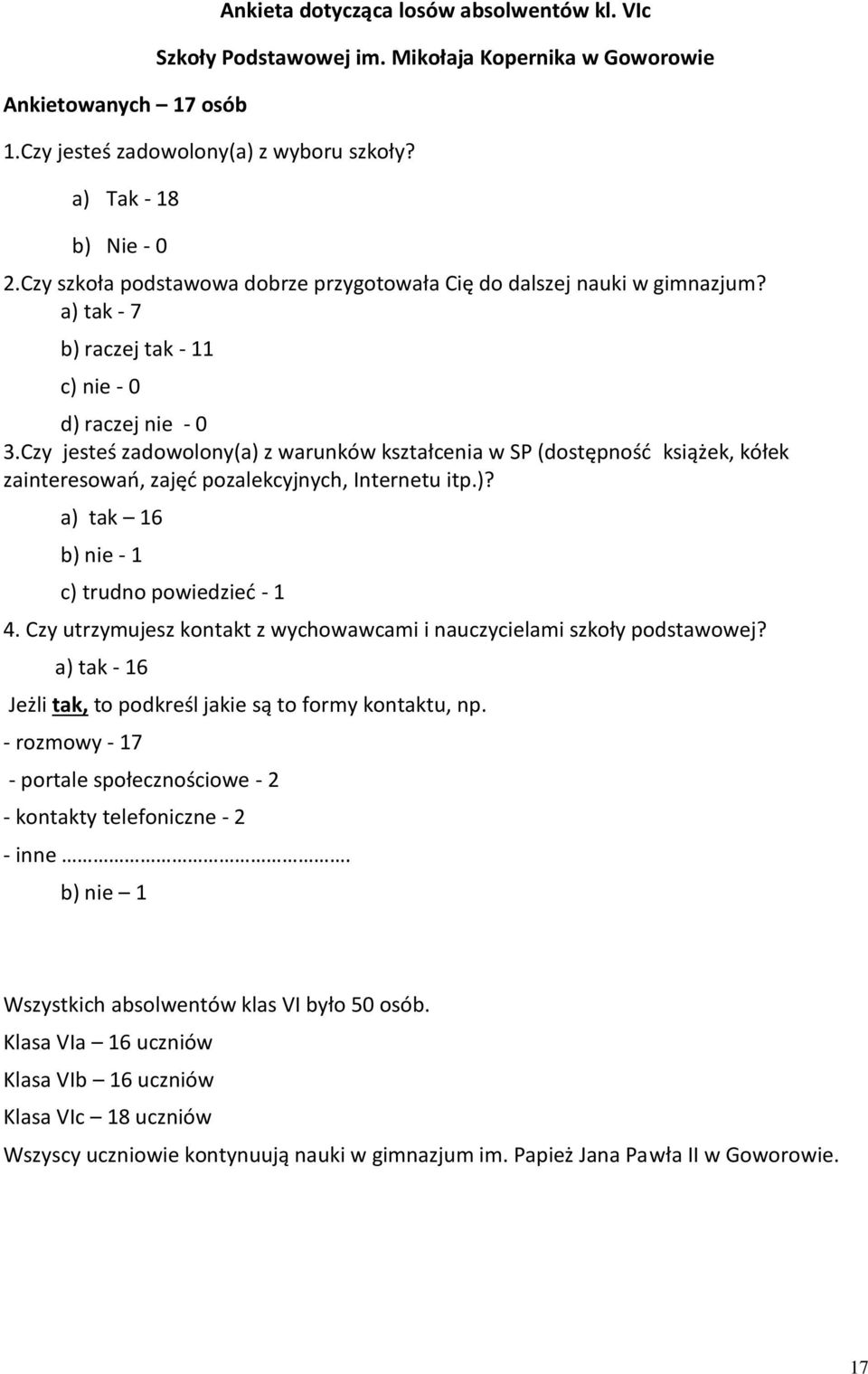 Czy jesteś zadowolony(a) z warunków kształcenia w SP (dostępność książek, kółek zainteresowań, zajęć pozalekcyjnych, Internetu itp.)? a) tak 16 b) nie - 1 c) trudno powiedzieć - 1 4.