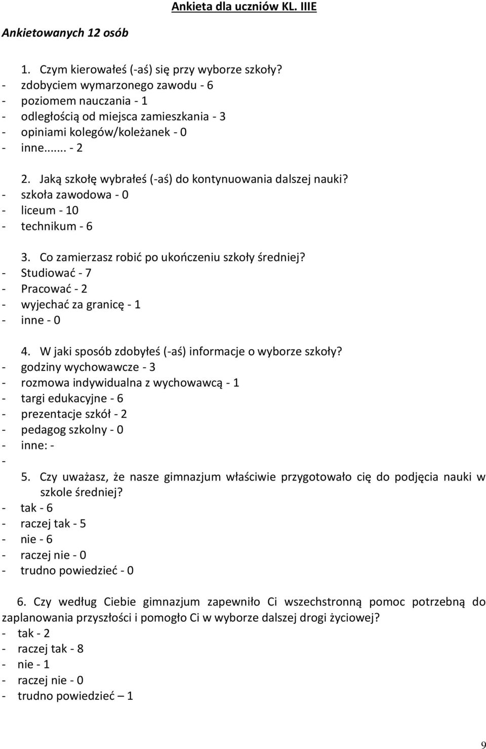 Jaką szkołę wybrałeś (-aś) do kontynuowania dalszej nauki? - szkoła zawodowa - 0 - liceum - 10 - technikum - 6 3. Co zamierzasz robić po ukończeniu szkoły średniej?