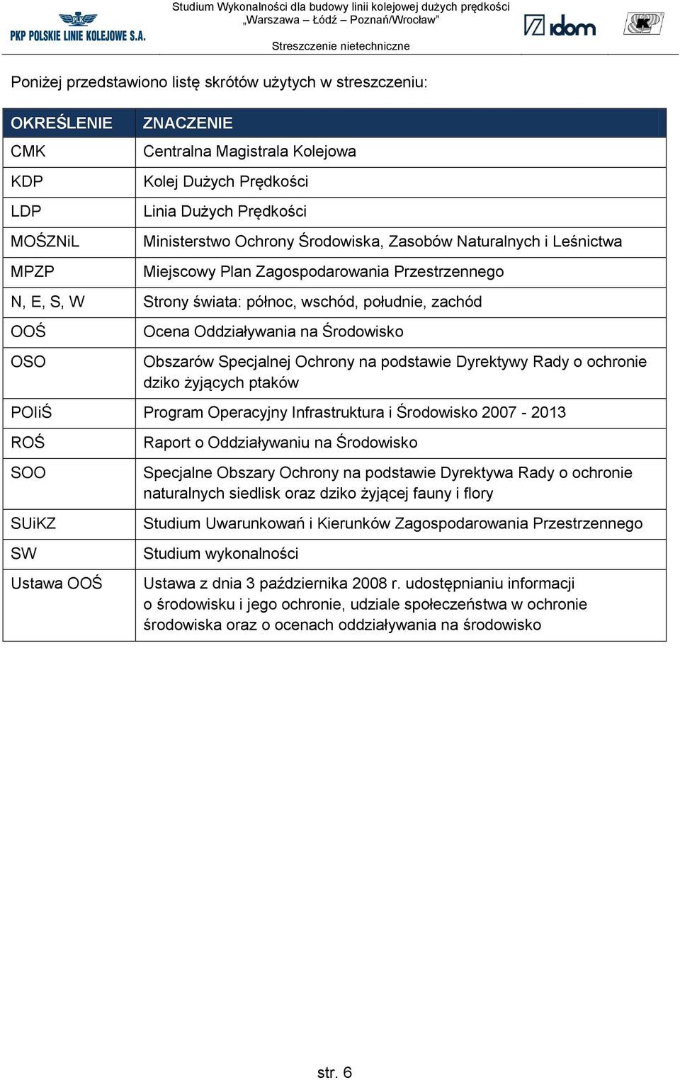 Obszarów Specjalnej Ochrony na podstawie Dyrektywy Rady o ochronie dziko żyjących ptaków POIiŚ Program Operacyjny Infrastruktura i Środowisko 2007-2013 ROŚ SOO SUiKZ SW Ustawa OOŚ Raport o