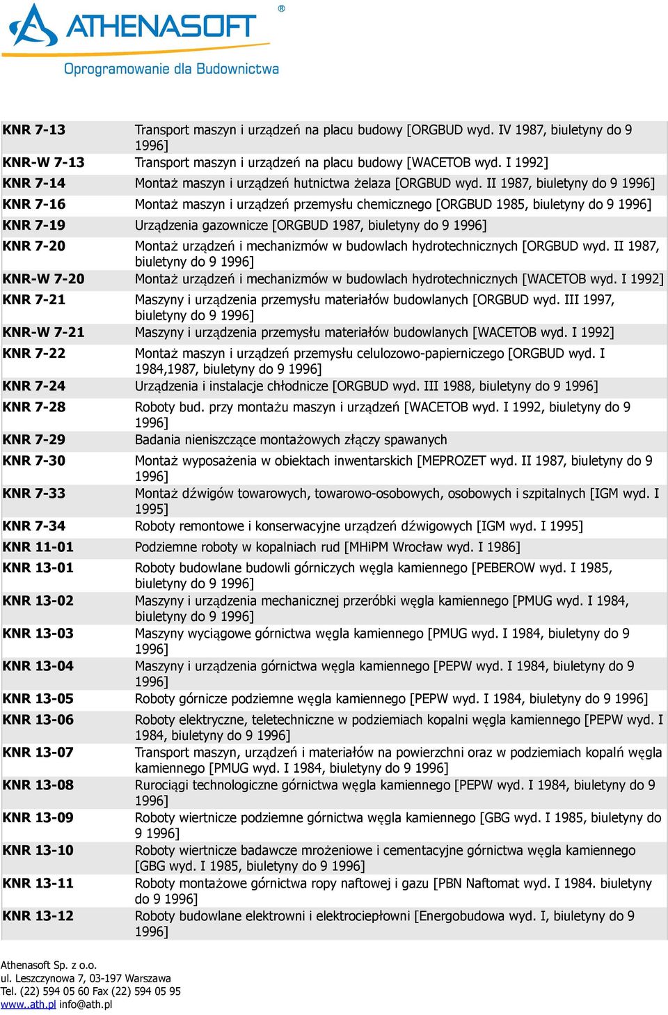 II 1987, biuletyny do 9 KNR 7-16 Montaż maszyn i urządzeń przemysłu chemicznego [ORGBUD 1985, biuletyny do 9 KNR 7-19 Urządzenia gazownicze [ORGBUD 1987, biuletyny do 9 KNR 7-20 Montaż urządzeń i