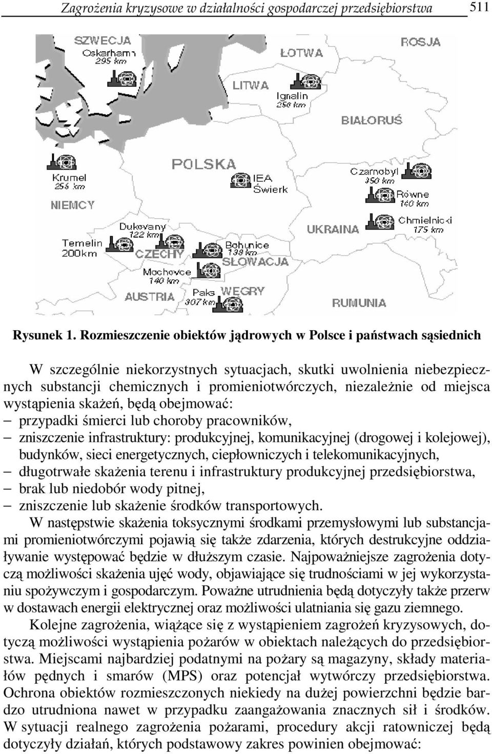 od miejsca wystąpienia skażeń, będą obejmować: przypadki śmierci lub choroby pracowników, zniszczenie infrastruktury: produkcyjnej, komunikacyjnej (drogowej i kolejowej), budynków, sieci