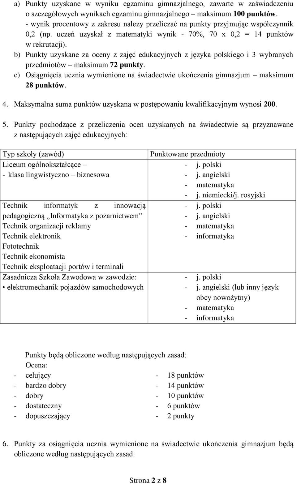 b) Punkty uzyskane za oceny z zajęć edukacyjnych z języka polskiego i 3 wybranych przedmiotów maksimum 72 punkty.