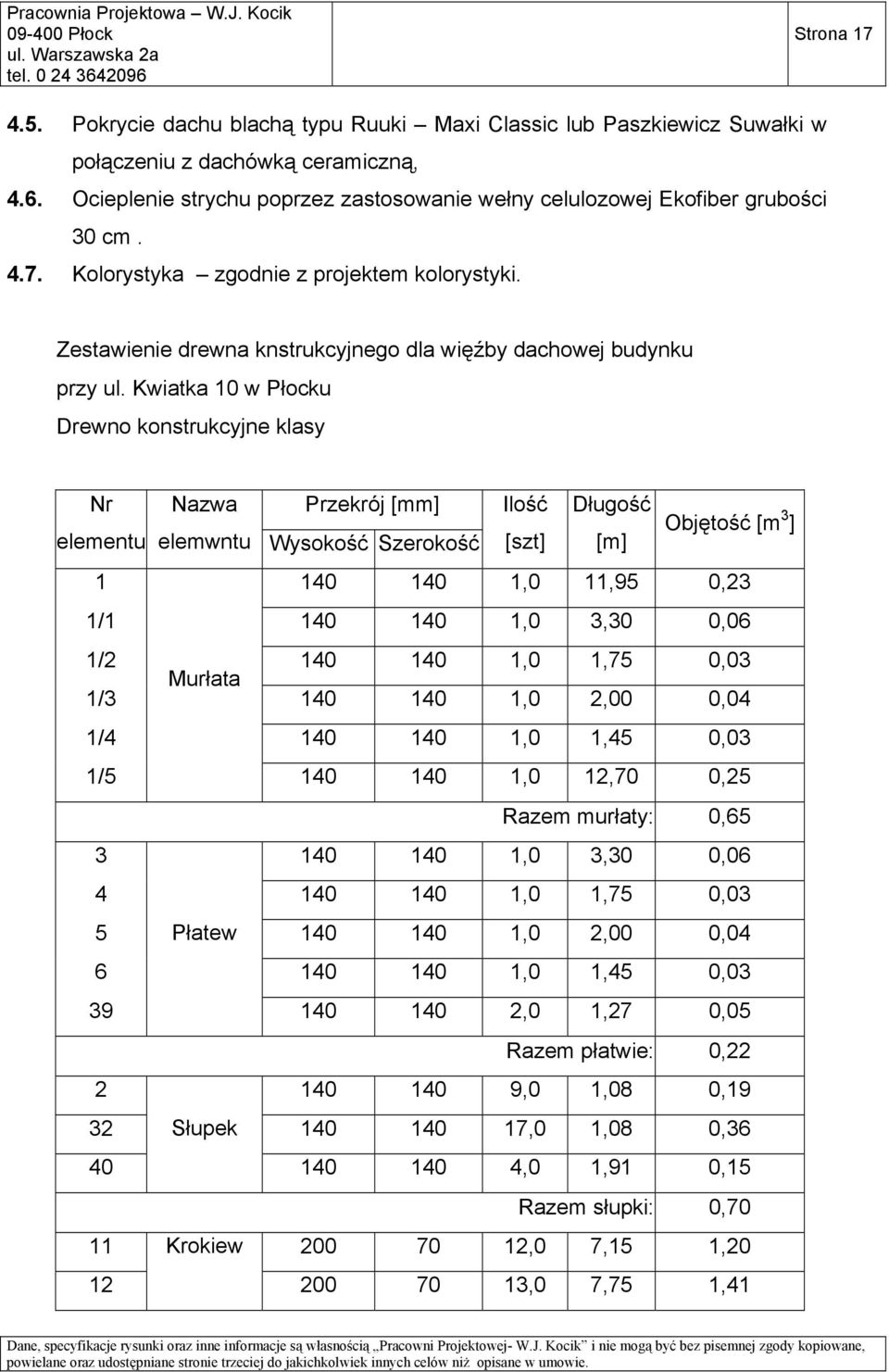 Zestawienie drewna knstrukcyjnego dla więźby dachowej budynku przy ul.