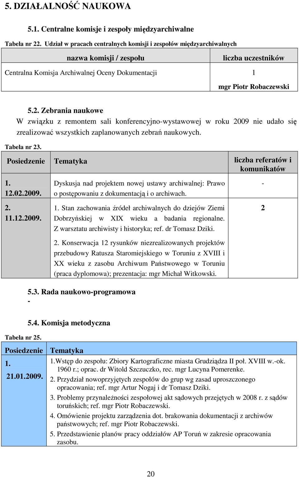 Zebrania naukowe W związku z remontem sali konferencyjno-wystawowej w roku 2009 nie udało się zrealizować wszystkich zaplanowanych zebrań naukowych. Tabela nr 23.