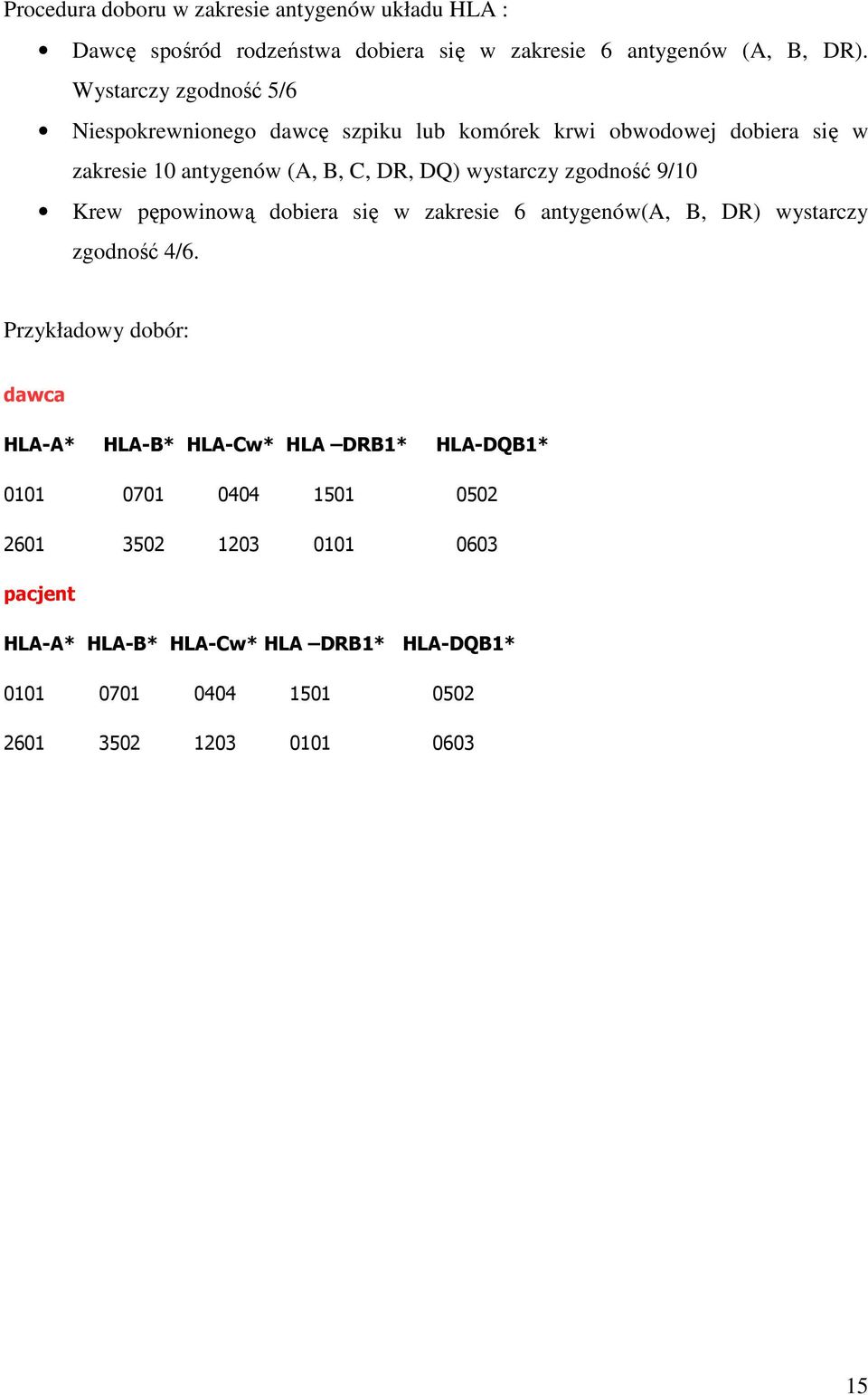 zgodność 9/10 Krew pępowinową dobiera się w zakresie 6 antygenów(a, B, DR) wystarczy zgodność 4/6.