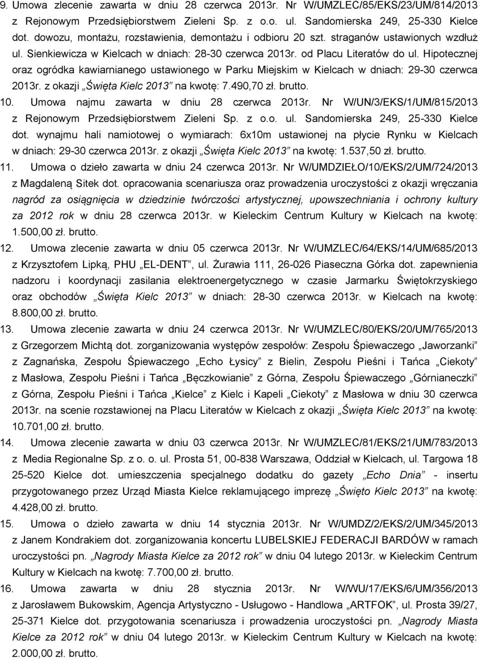 Hipotecznej oraz ogródka kawiarnianego ustawionego w Parku Miejskim w Kielcach w dniach: 29-30 czerwca 2013r. z okazji Święta Kielc 2013 na kwotę: 7.490,70 zł. brutto. 10.