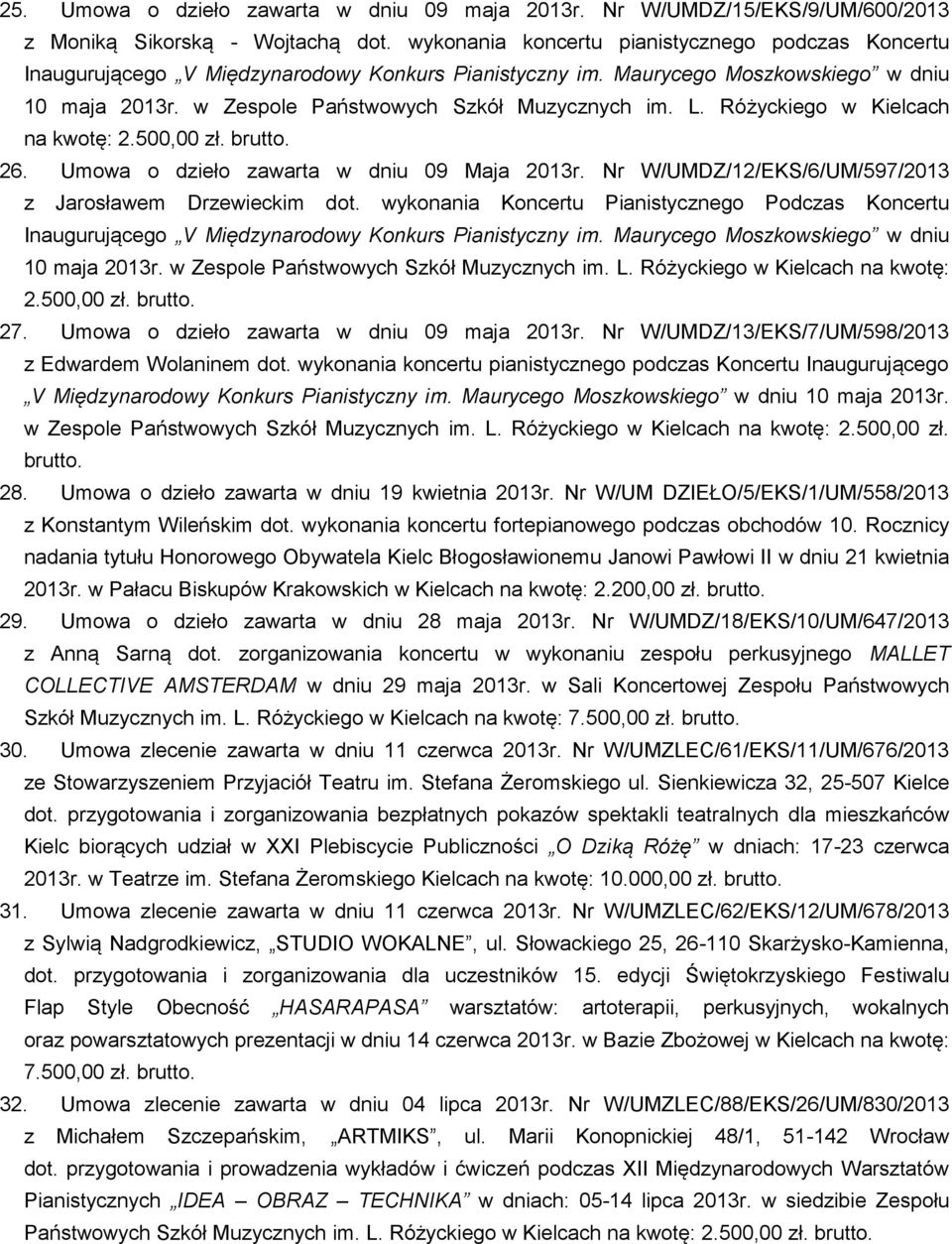 Różyckiego w Kielcach na kwotę: 2.500,00 zł. brutto. 26. Umowa o dzieło zawarta w dniu 09 Maja 2013r. Nr W/UMDZ/12/EKS/6/UM/597/2013 z Jarosławem Drzewieckim dot.