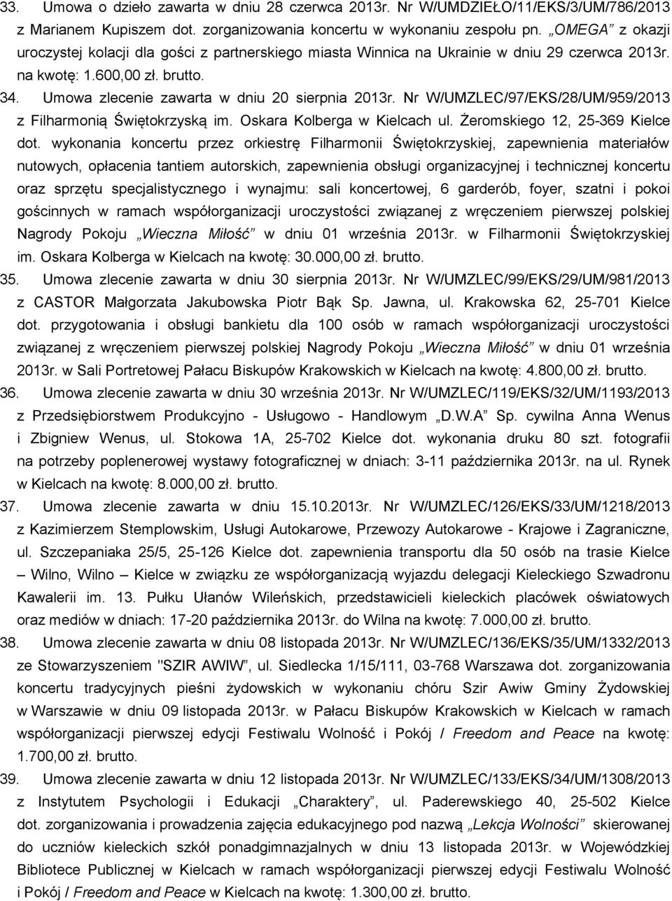 Nr W/UMZLEC/97/EKS/28/UM/959/2013 z Filharmonią Świętokrzyską im. Oskara Kolberga w Kielcach ul. Żeromskiego 12, 25-369 Kielce dot.