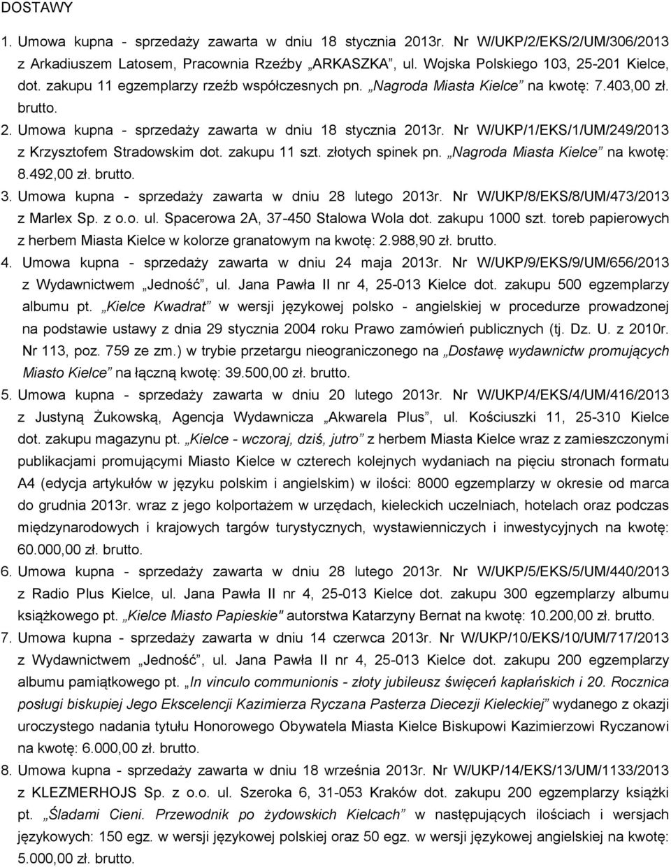 Nr W/UKP/1/EKS/1/UM/249/2013 z Krzysztofem Stradowskim dot. zakupu 11 szt. złotych spinek pn. Nagroda Miasta Kielce na kwotę: 8.492,00 zł. brutto. 3.