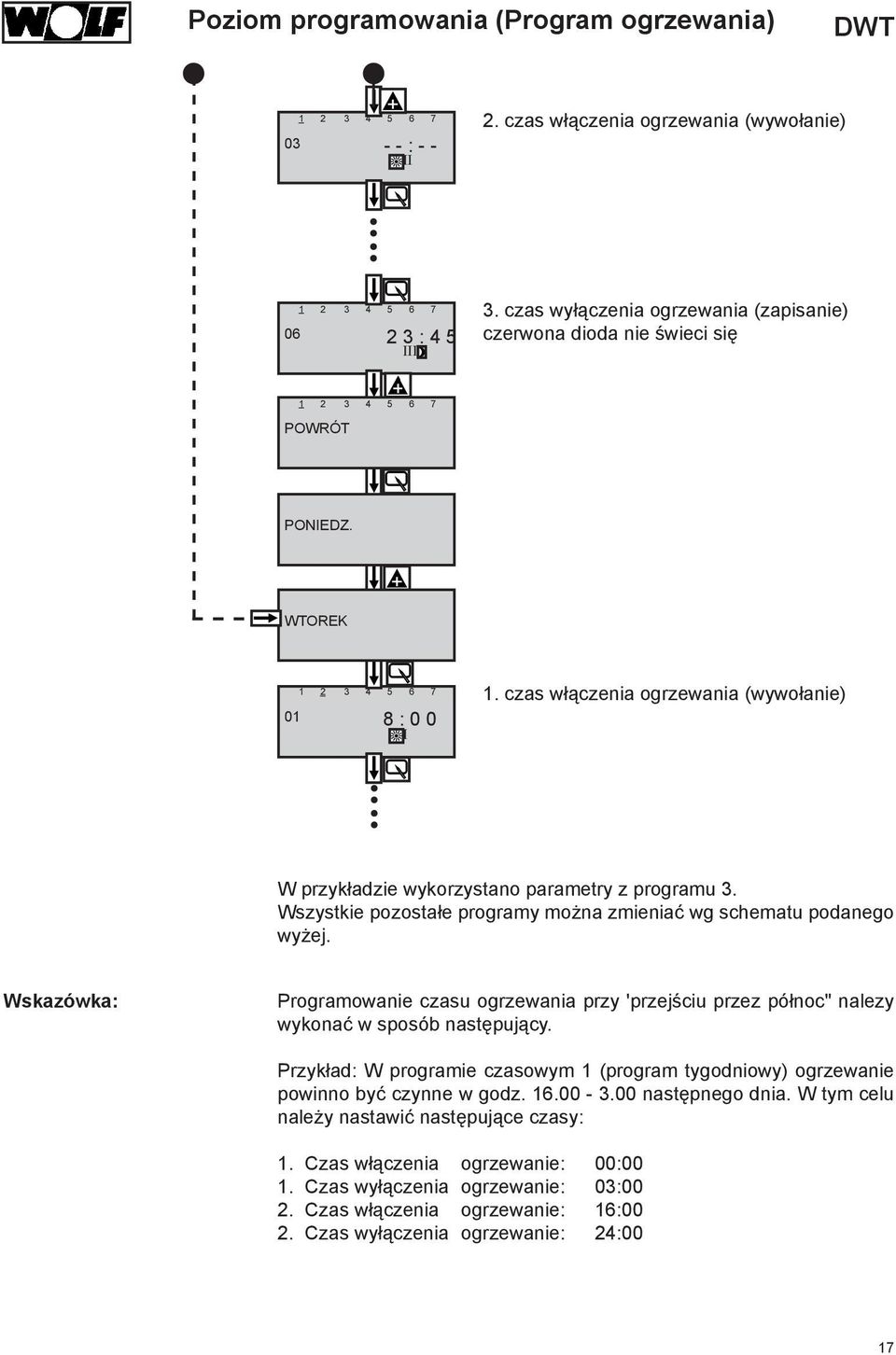 Wskazówka: Programowanie czasu ogrzewania przy 'przejściu przez północ" nalezy wykonać w sposób następujący. Przykład: W programie czasowym 1 (program tygodniowy) ogrzewanie powinno być czynne w godz.