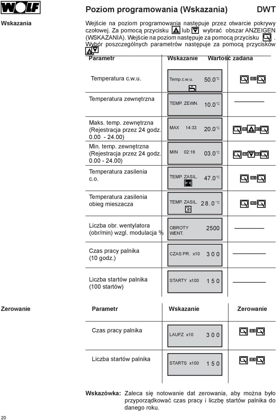 0 C Temperatura zewnętrzna TEMP. ZEWN. 10.0 C Maks. temp. zewnętrzna (Rejestracja przez 24 godz. 0.00-24.00) Min. temp. zewnętrzna (Rejestracja przez 24 godz. 0.00-24.00) Temperatura zasilenia c.o. MAX 14:33 20.