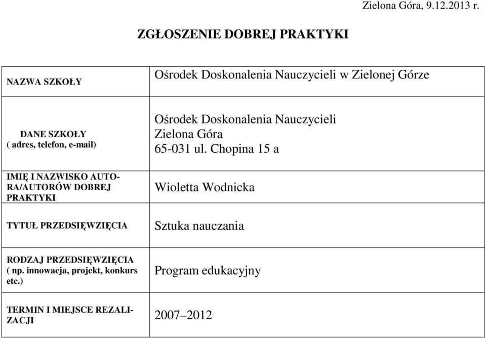 telefon, e-mail) Ośrodek Doskonalenia Nauczycieli Zielona Góra 65-031 ul.