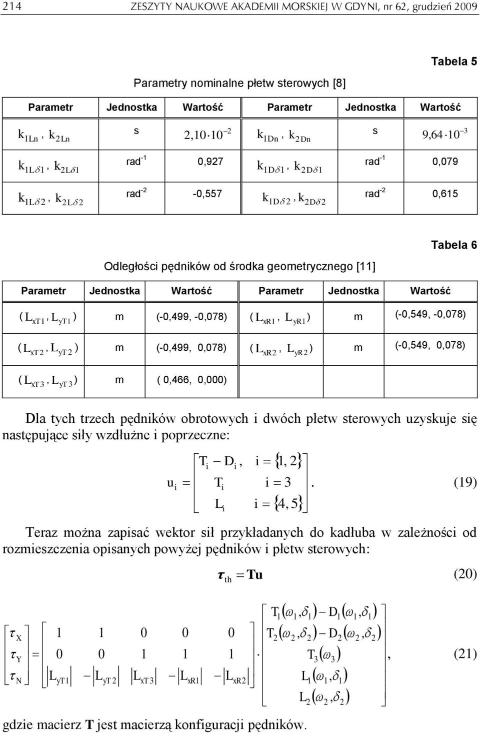 m (-,549, -,78) ( L, xt L yt ) m (-,499,,78) ( L, xr L yr ) m (-,549,,78) ( L, xt 3 L ) yt 3 m (,466,,) Dla tych tzech pędnków obotowych dwóch płetw steowych zyskje sę następjące sły wzdłżne