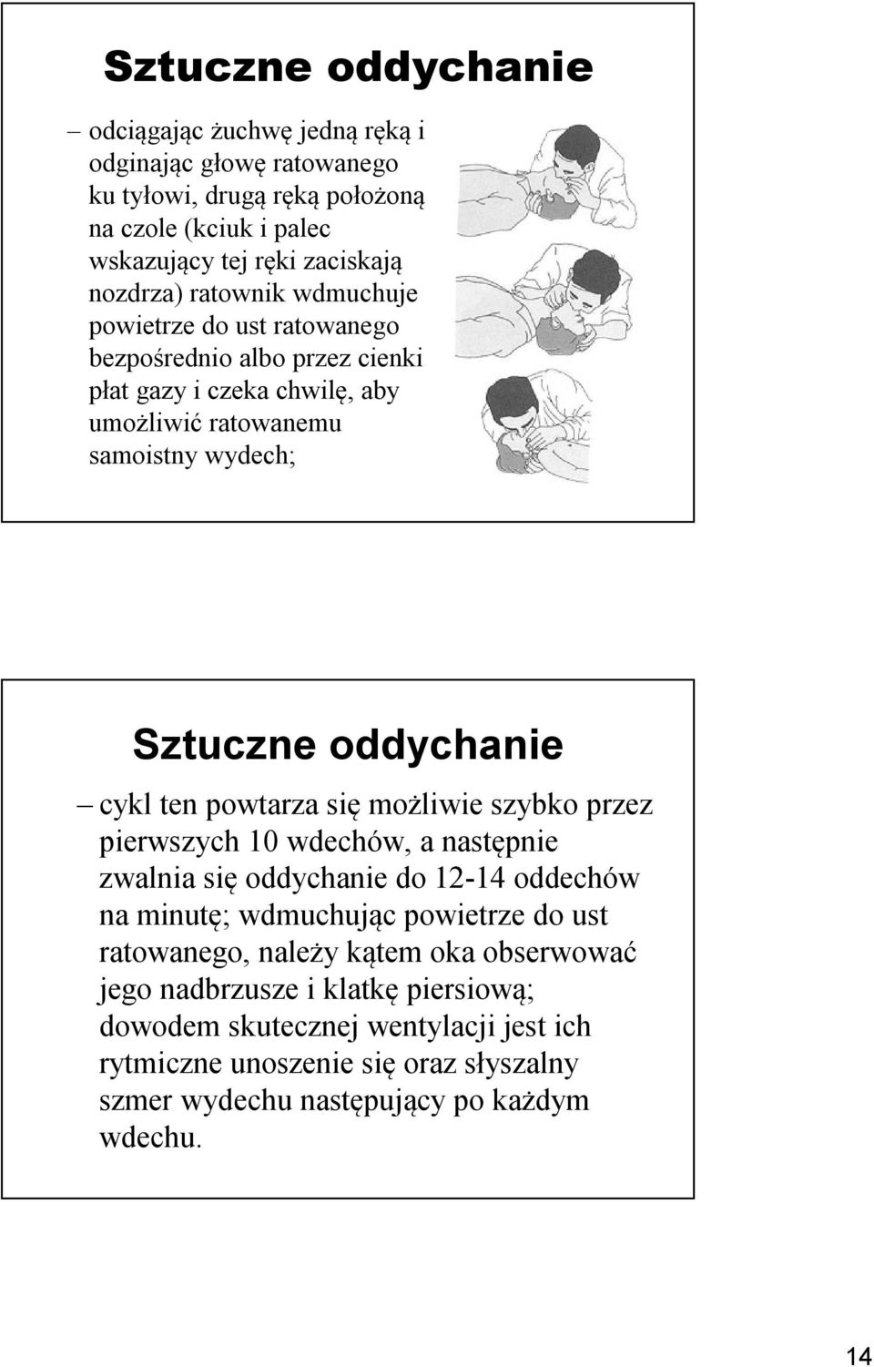 ten powtarza się możliwie szybko przez pierwszych 10 wdechów, a następnie zwalnia się oddychanie do 12-14 oddechów na minutę; wdmuchując powietrze do ust ratowanego, należy