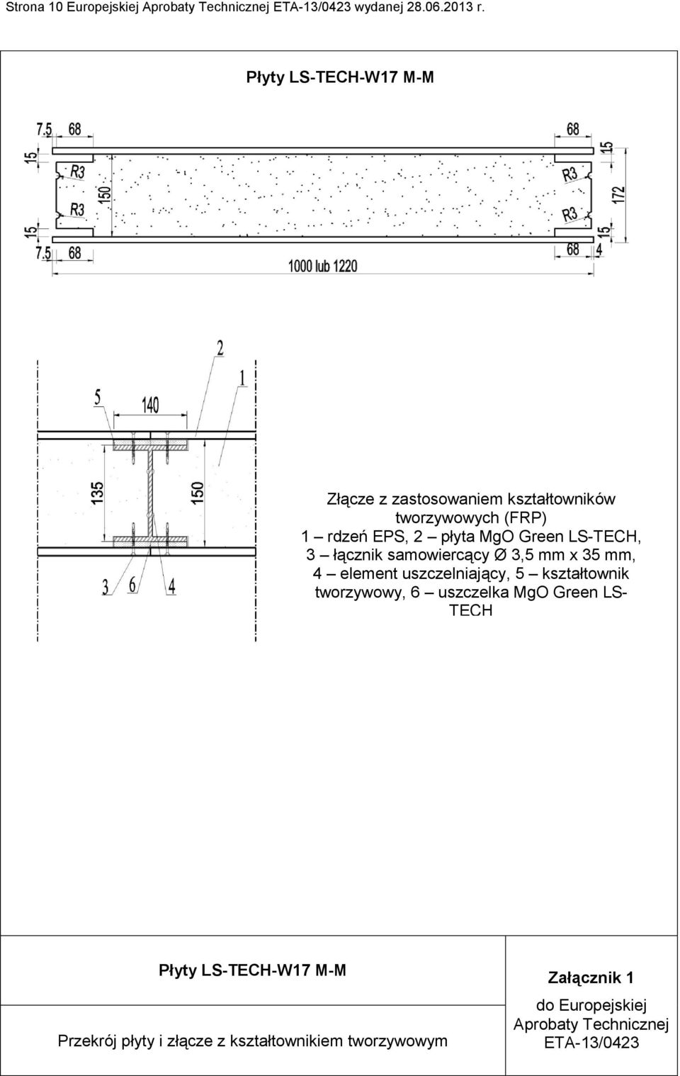 Green LS-TECH, 3 łącznik samowiercący Ø 3,5 mm x 35 mm, 4 element uszczelniający, 5 kształtownik tworzywowy, 6