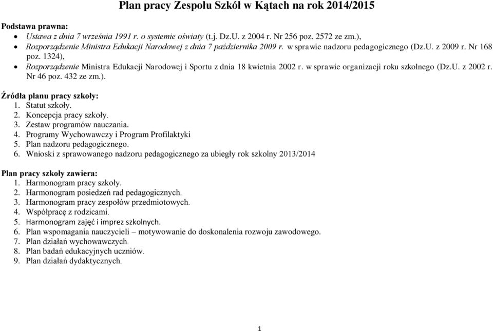 1324), Rozporządzenie Ministra Edukacji Narodowej i Sportu z dnia 18 kwietnia 2002 r. w sprawie organizacji roku szkolnego (Dz.U. z 2002 r. Nr 46 poz. 432 ze zm.). Źródła planu pracy szkoły: 1.