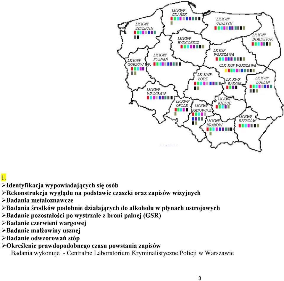 wystrzale z broni palnej (GSR) Badanie czerwieni wargowej Badanie małżowiny usznej Badanie odwzorowań stóp