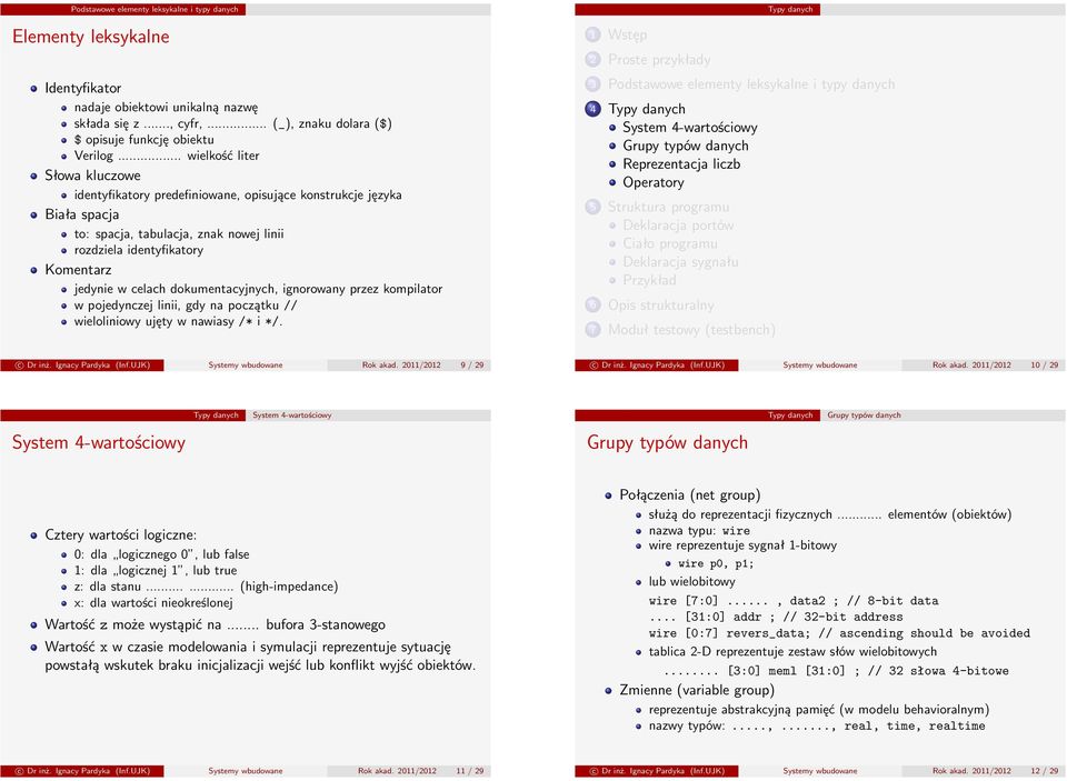 dokumentacyjnych, ignorowany przez kompilator w pojedynczej linii, gdy na początku // wieloliniowy ujęty w nawiasy /* i */. c Dr inż. Ignacy Pardyka (Inf.UJK) Systemy wbudowane Rok akad.