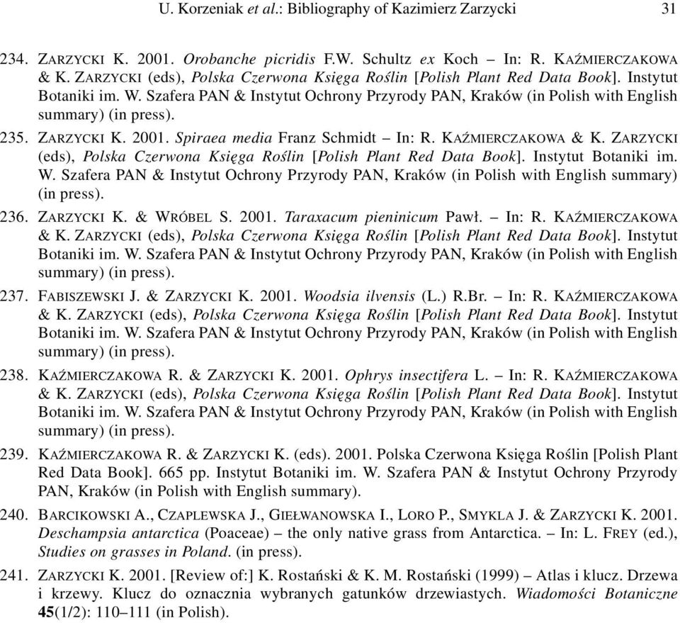 235. ZARZYCKI K. 2001. Spiraea media Franz Schmidt In: R. KAŹMIERCZAKOWA & K.  236. ZARZYCKI K. & WRÓBEL S. 2001. Taraxacum pieninicum Pawł. In: R. KAŹMIERCZAKOWA & K.  237. FABISZEWSKI J.