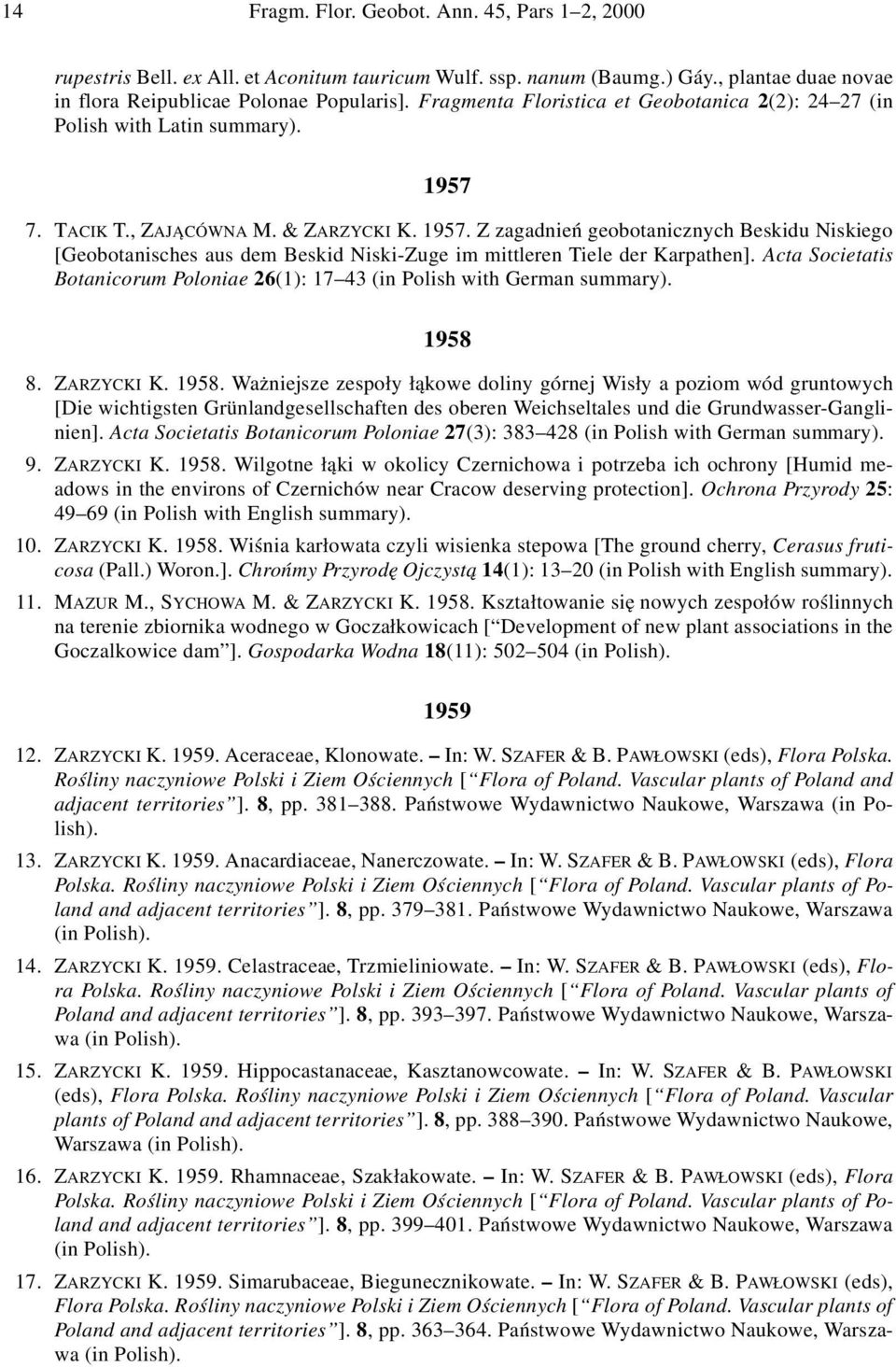 7. TACIK T., ZAJA CÓWNA M. & ZARZYCKI K. 1957. Z zagadnień geobotanicznych Beskidu Niskiego [Geobotanisches aus dem Beskid Niski-Zuge im mittleren Tiele der Karpathen].