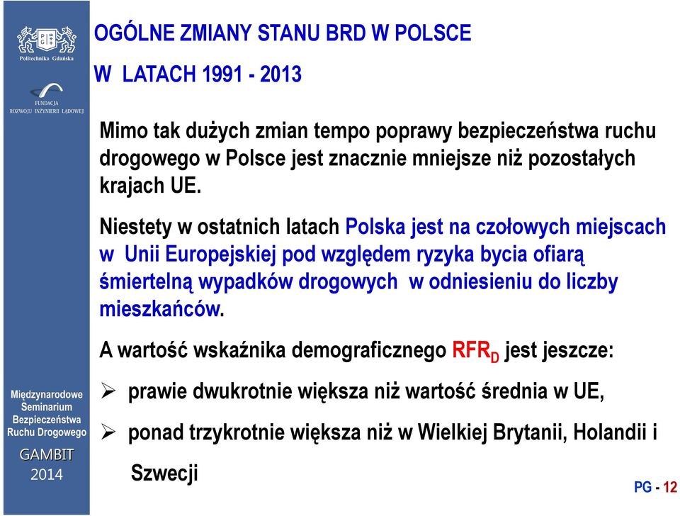 Niestety w ostatnich latach Polska jest na czołowych miejscach w Unii Europejskiej pod względem ryzyka bycia ofiarą śmiertelną wypadków