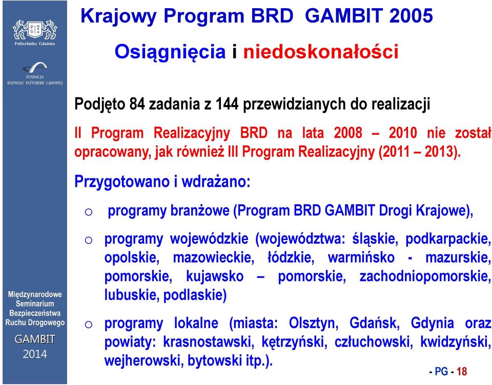 Przygotowano i wdrażano: o programy branżowe (Program BRD GAMBIT Drogi Krajowe), o programy wojewódzkie (województwa: śląskie, podkarpackie, opolskie, mazowieckie,