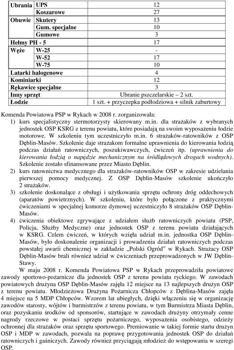 + przyczepka podłodziowa + silnik zaburtowy Komenda Powiatowa PSP w Rykach w 2008 r. zorganizowała: 1) kurs specjalistyczny stermotorzysty skierowany m.in.