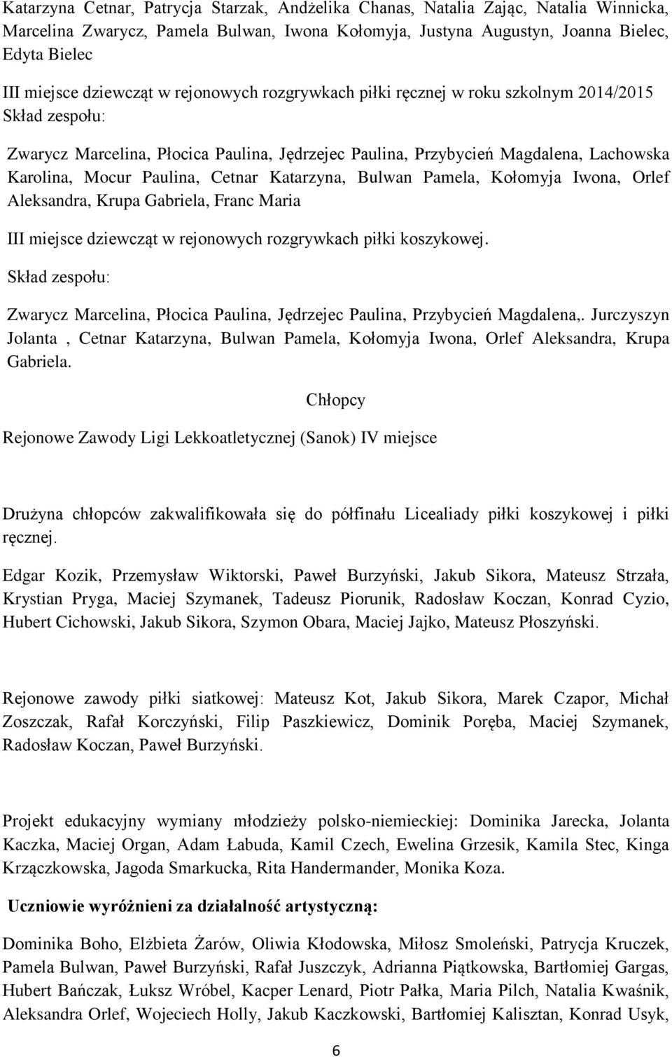 Paulina, Cetnar Katarzyna, Bulwan Pamela, Kołomyja Iwona, Orlef Aleksandra, Krupa Gabriela, Franc Maria III miejsce dziewcząt w rejonowych rozgrywkach piłki koszykowej.
