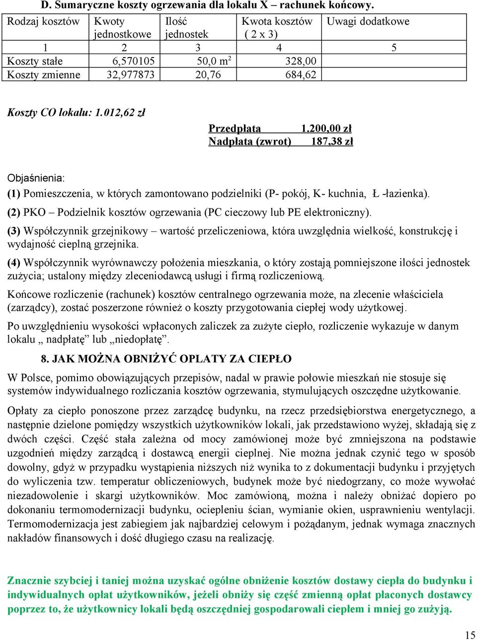 012,62 zł Przedpłata Nadpłata (zwrot) 1.200,00 zł 187,38 zł Objaśnienia: (1) Pomieszczenia, w których zamontowano podzielniki (P- pokój, K- kuchnia, Ł -łazienka).