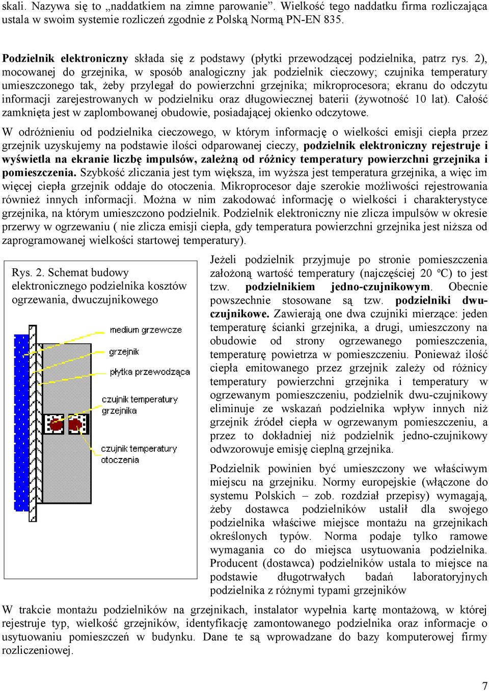 2), mocowanej do grzejnika, w sposób analogiczny jak podzielnik cieczowy; czujnika temperatury umieszczonego tak, żeby przylegał do powierzchni grzejnika; mikroprocesora; ekranu do odczytu informacji