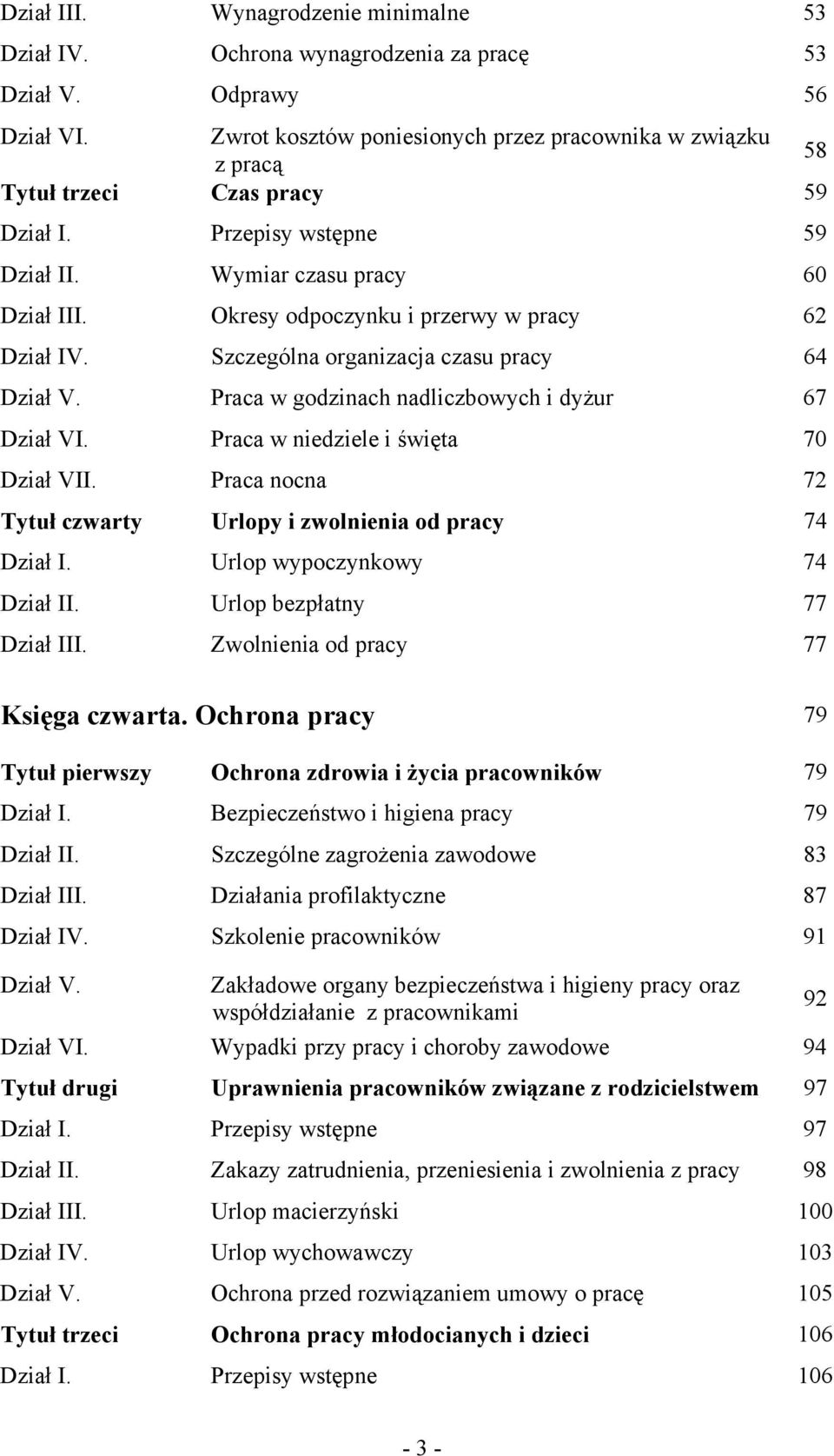 Okresy odpoczynku i przerwy w pracy 62 Dział IV. Szczególna organizacja czasu pracy 64 Dział V. Praca w godzinach nadliczbowych i dyżur 67 Dział VI. Praca w niedziele i święta 70 Dział VII.