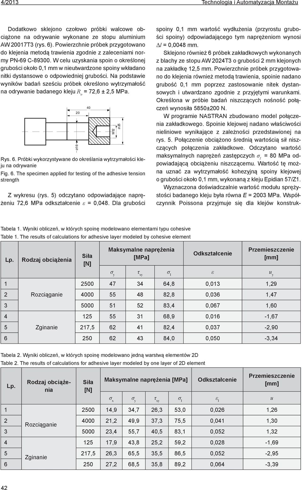 W celu uzyskania spoin o określonej grubości około 0,1 mm w nieutwardzone spoiny wkładano nitki dystansowe o odpowiedniej grubości.