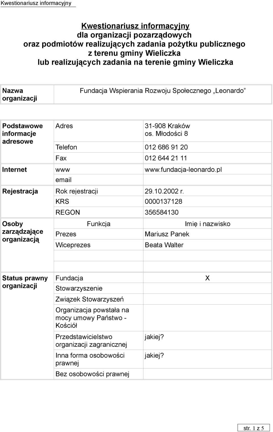 pl email Rejestracja Rok rejestracji 29.10.2002 r.