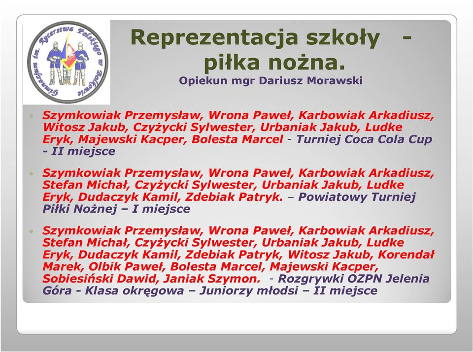 Cola Cup - II miejsce Szymkowiak Przemysław, Wrona Paweł, Karbowiak Arkadiusz, Stefan Michał, Czyżycki Sylwester, Urbaniak Jakub, Ludke Eryk, Dudaczyk Kamil, Zdebiak Patryk.