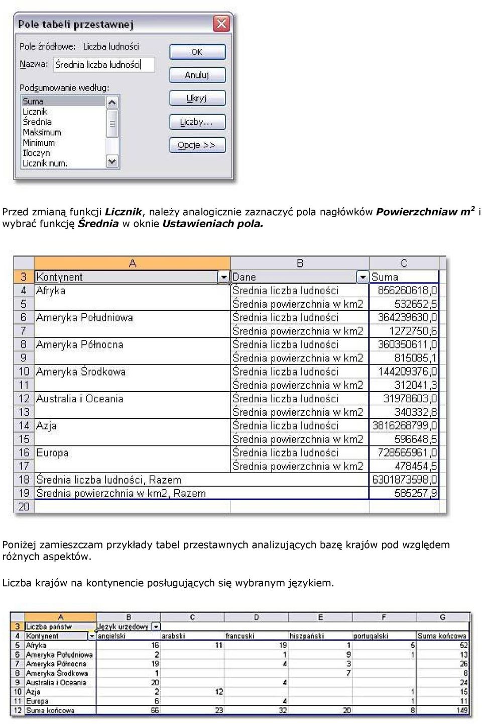 Poniżej zamieszczam przykłady tabel przestawnych analizujących bazę krajów pod
