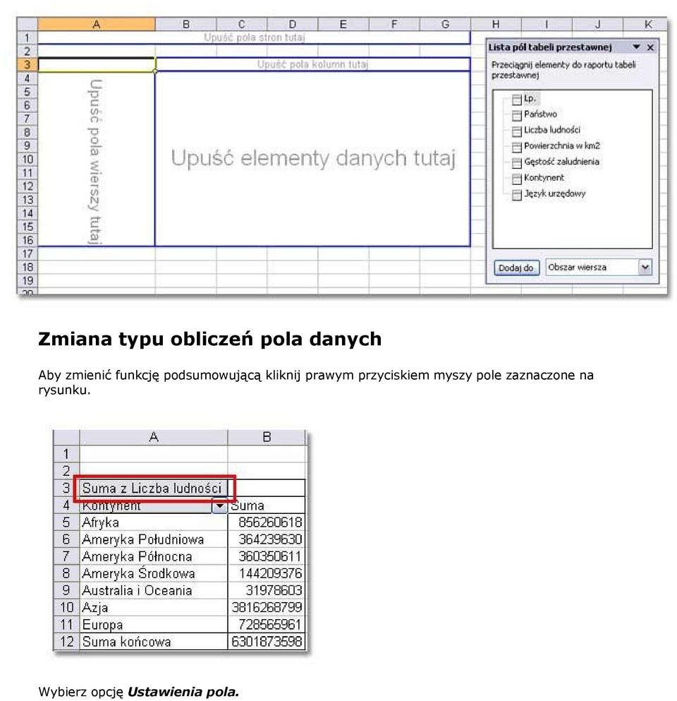 prawym przyciskiem myszy pole