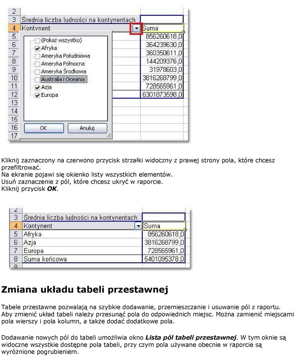 Zmiana układu tabeli przestawnej Tabele przestawne pozwalają na szybkie dodawanie, przemieszczanie i usuwanie pól z raportu.