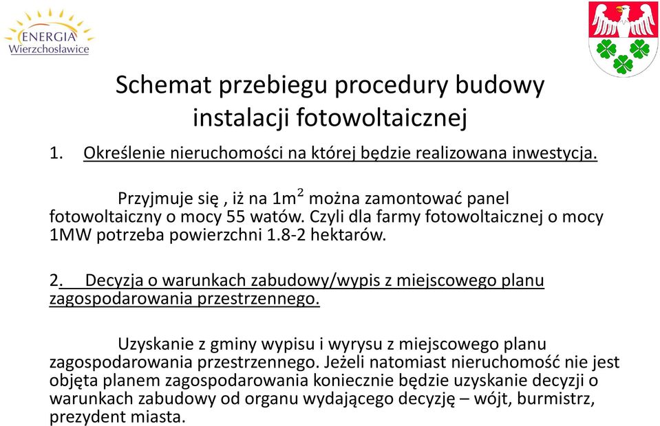 Decyzja o warunkach zabudowy/wypis z miejscowego planu zagospodarowania przestrzennego.