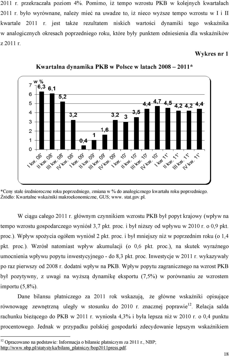 Wykres nr 1 Kwartalna dynamika PKB w Polsce w latach 2008 2011* *Ceny stałe średnioroczne roku poprzedniego, zmiana w % do analogicznego kwartału roku poprzedniego.
