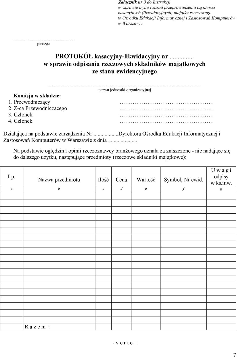 Z-ca Przewodniczącego 3. Członek 4. Członek Działająca na podstawie zarządzenia Nr...Dyrektora Ośrodka Edukacji Informatycznej i Zastosowań Komputerów w Warszawie z dnia... Lp.