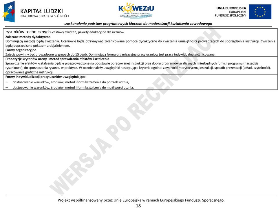 Formy organizacyjne Zajęcia powinny być prowadzone w grupach do 15 osób. Dominującą formą organizacyjną pracy uczniów jest praca indywidualna zróżnicowana.