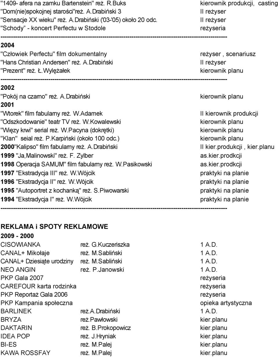 W.Adamek II kierownik produkcji "Odszkodowanie" teatr TV reż. W.Kowalewski "Więzy krwi" serial reż. W.Pacyna (dokrętki) "Klan" seial reż. P.Karpiński (około 100 odc.) 2000"Kalipso" film fabularny reż.