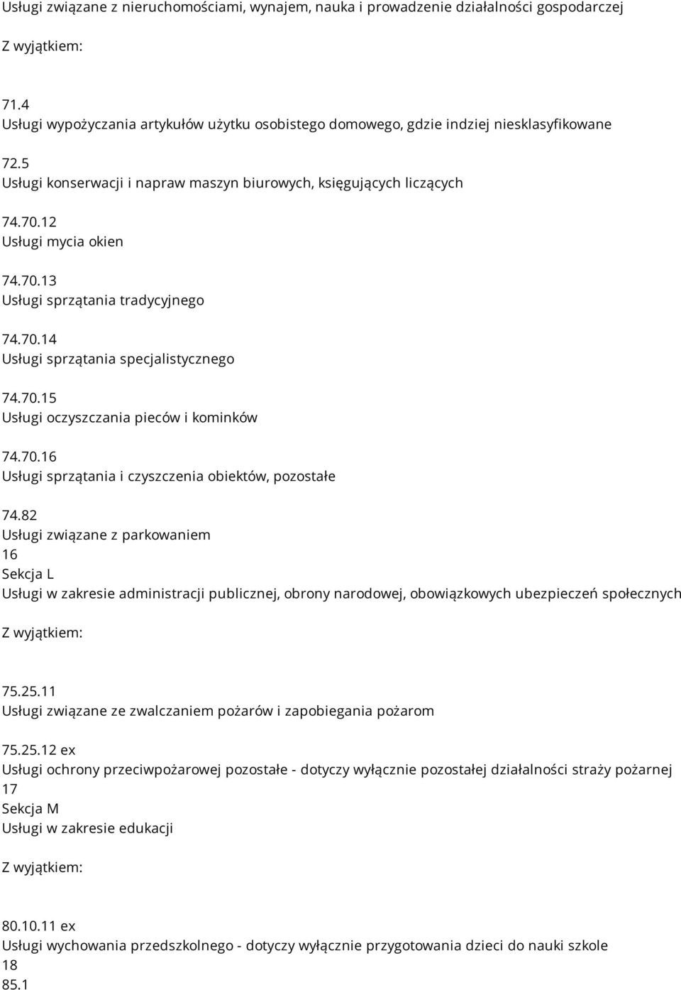 70.16 Usługi sprzątania i czyszczenia obiektów, pozostałe 74.